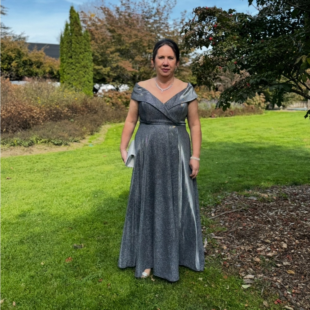 Xscape Elegant Silver Off-Shoulder Maxi Dress size 14